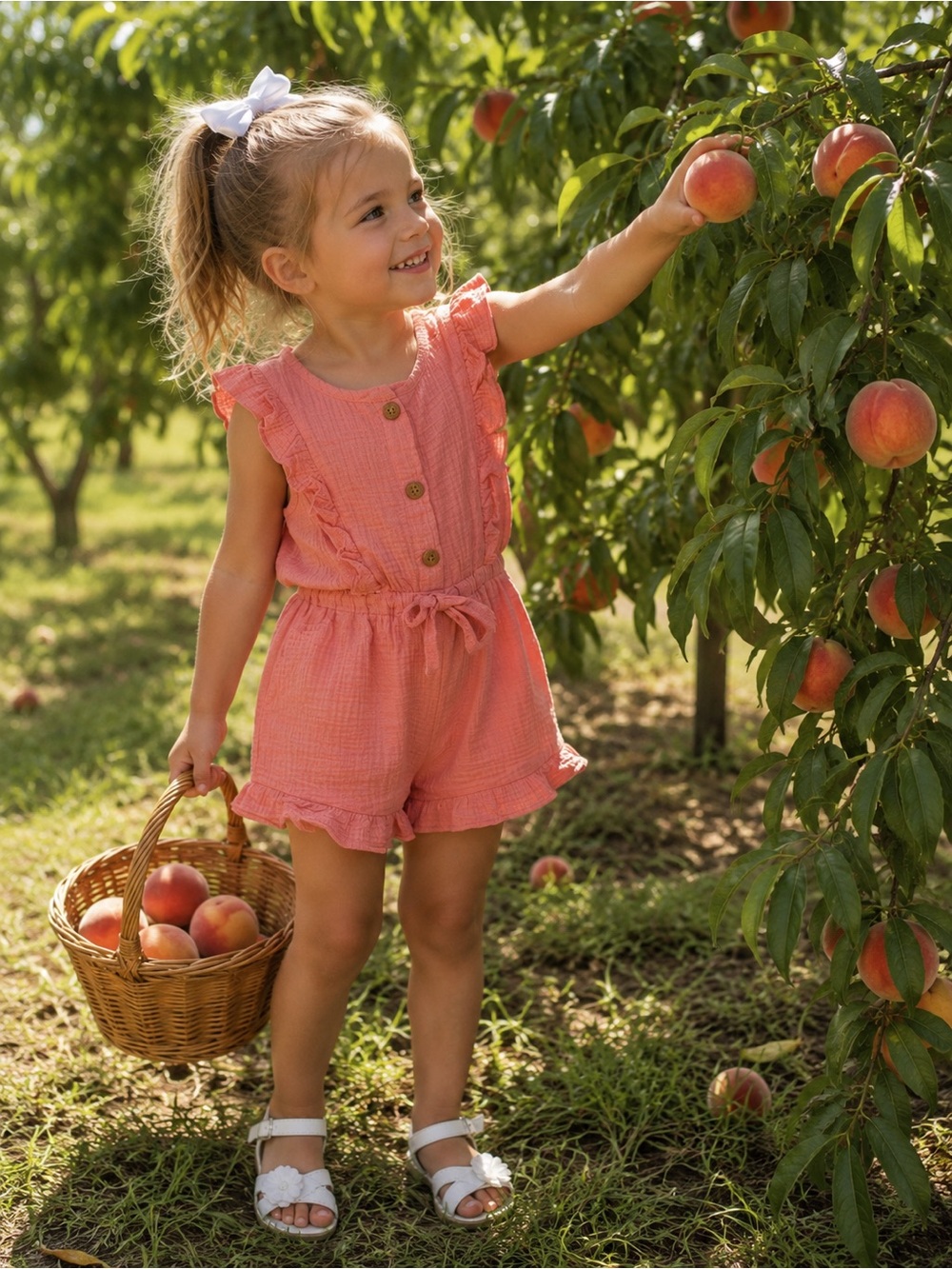 Girls Coral Ruffle Romper with Button Front